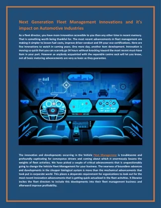 Next Generation Fleet Management Innovations and it's impact on Automotive Industries