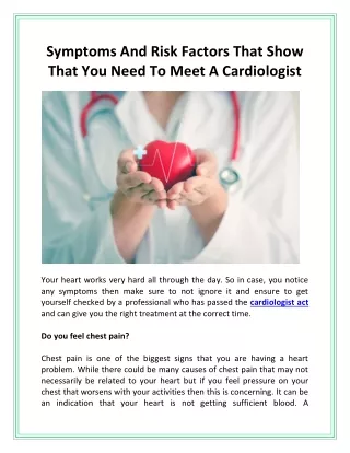 Symptoms And Risk Factors That Show That You Need To Meet A Cardiologist
