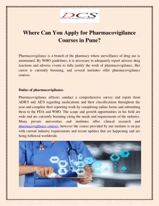 Where can you apply for pharmacovigilance courses in Pune