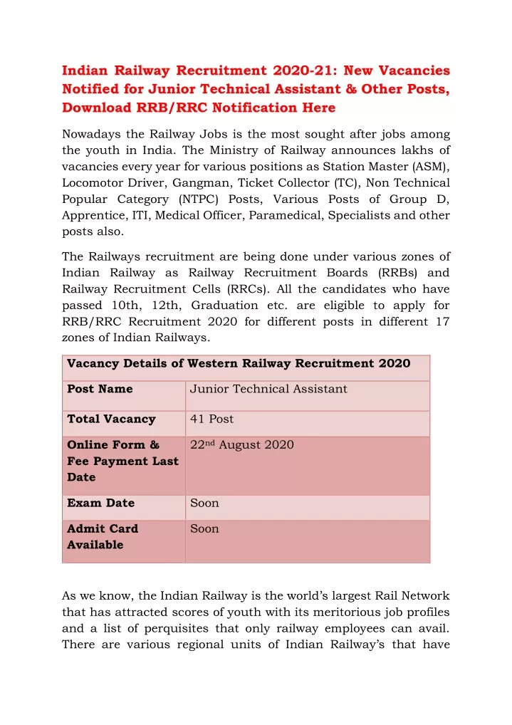 indian railway recruitment 2020 21 new vacancies