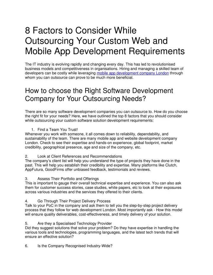 8 factors to consider while outsourcing your