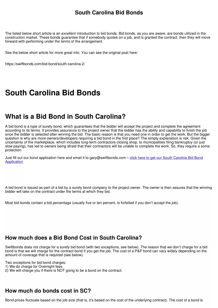 south carolina bid bonds