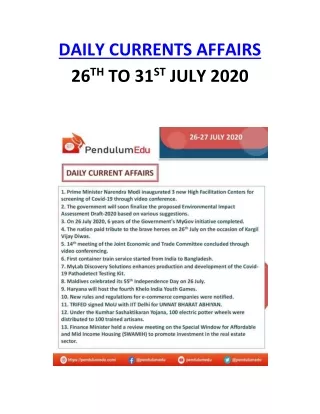 daily currents affairs 26 th to 31 st july 2020