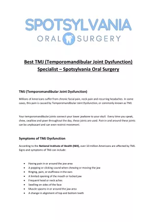 Best TMJ (Temporomandibular Joint Dysfunction) Specialist – Spotsylvania Oral Surgery