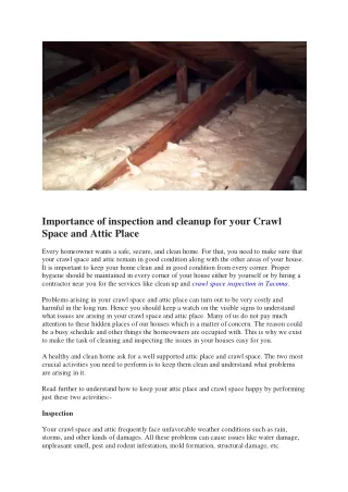 Importance of inspection and cleanup for your Crawl Space and Attic Place
