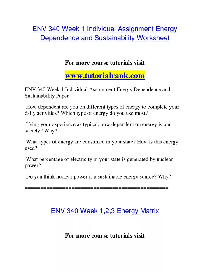 env 340 week 1 individual assignment energy