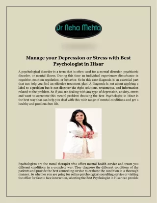 Manage your Depression or Stress with Best Psychologist in Hisar