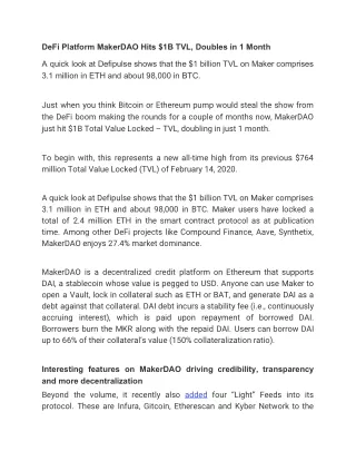 defi platform makerdao hits 1b tvl doubles