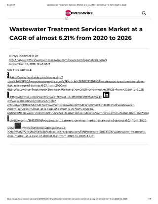 Global Wastewater Treatment Services Market is set to grow at a CAGR of 6.21% during 2020-2026