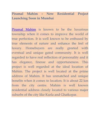 Piramal Mahim – New Residential Project Launching Soon in Mumbai