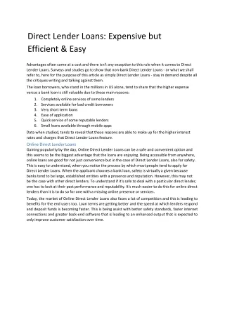 Direct Lender Loans: Expensive but Efficient & Easy