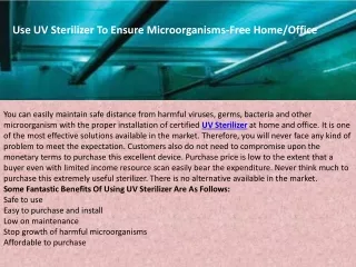 Use UV Sterilizer To Ensure Microorganisms-Free Home/Office