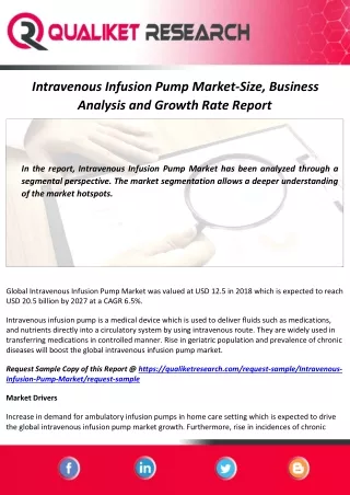 Intravenous Infusion Pump Market 2020-2027 : Size, Industry Share, Growth and Key Players Analysis