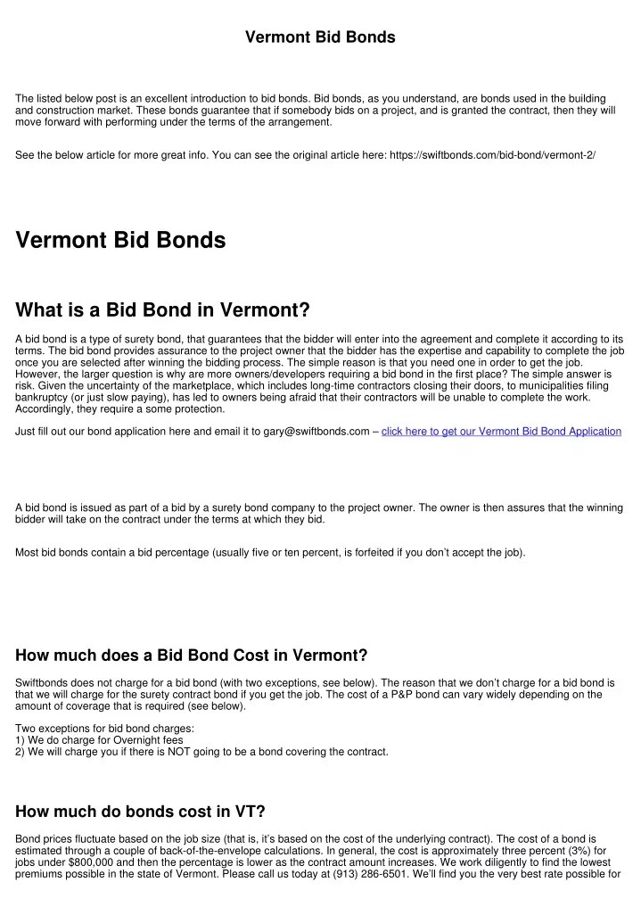 vermont bid bonds