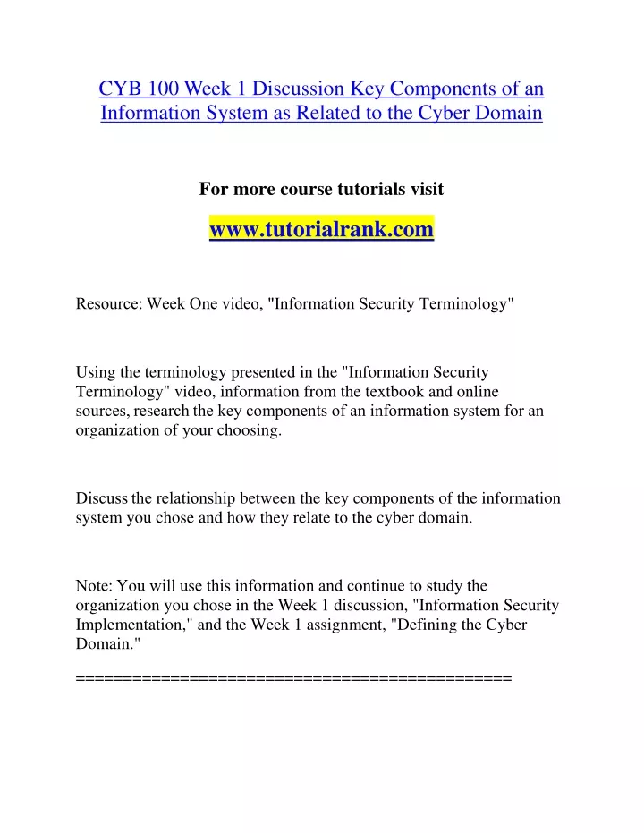 cyb 100 week 1 discussion key components