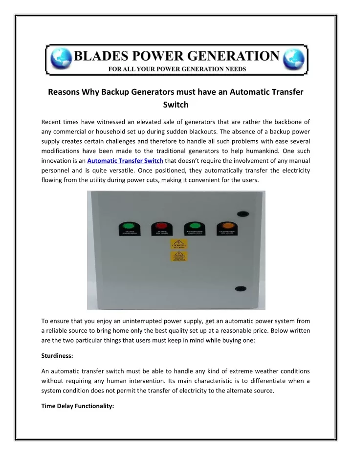 reasons why backup generators must have