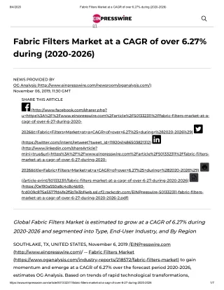 Global Fabric Filters Market is estimated to grow at a CAGR of 6.27% during 2020-2026