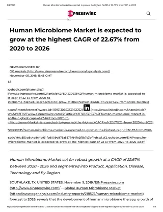 Human Microbiome Market set for robust growth at a CAGR of 22.67% between 2020 - 2026