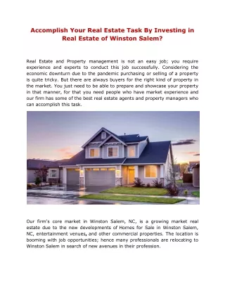 Accomplish Your Real Estate Task By Investing in Real Estate of Winston Salem?