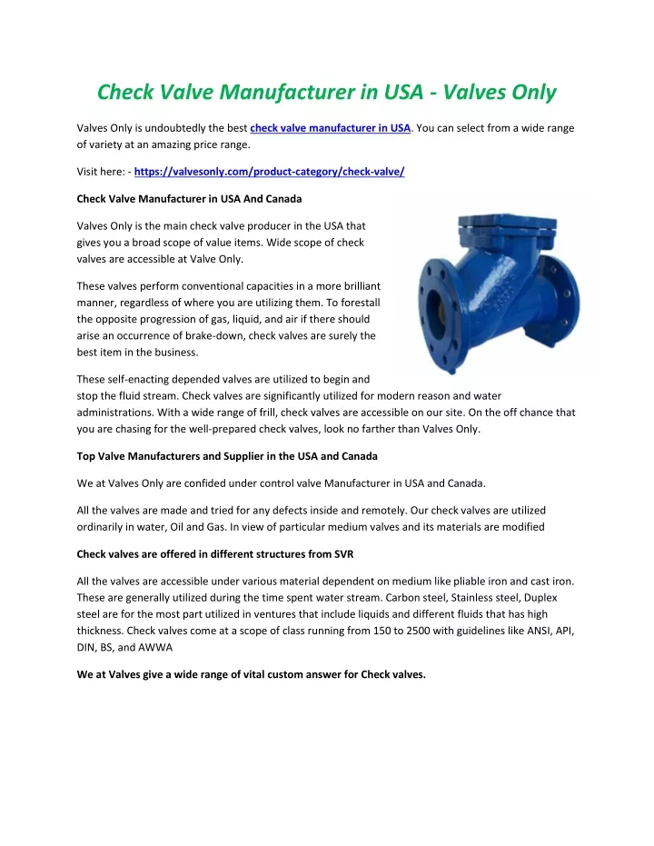 check valve manufacturer in usa valves only