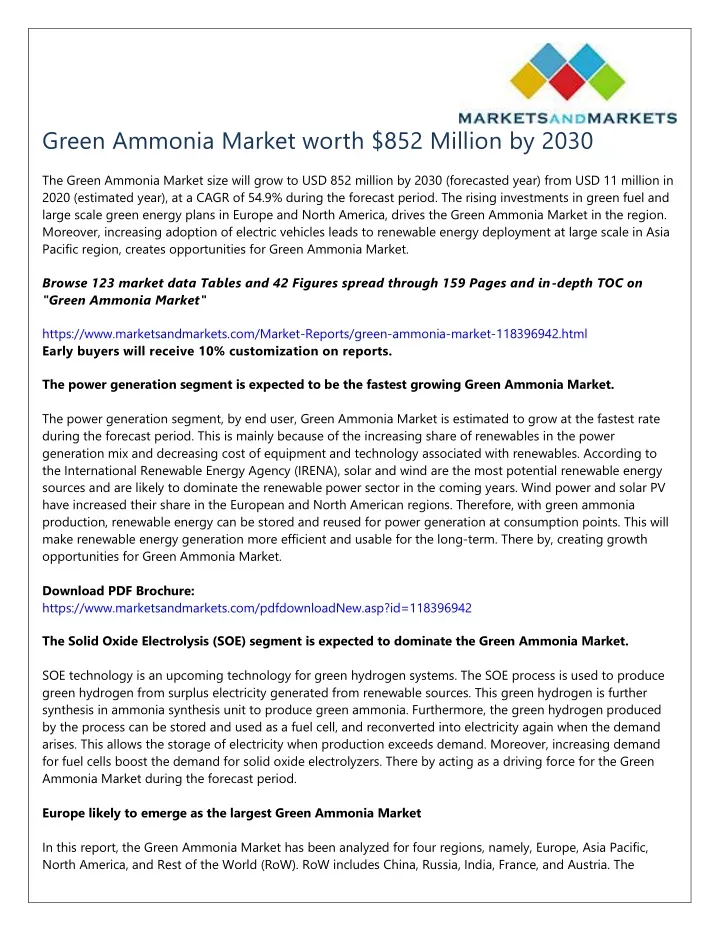 green ammonia market worth 852 million by 2030