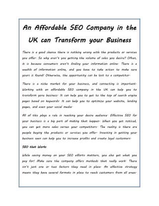An Affordable SEO Company in the UK can Transform your Business
