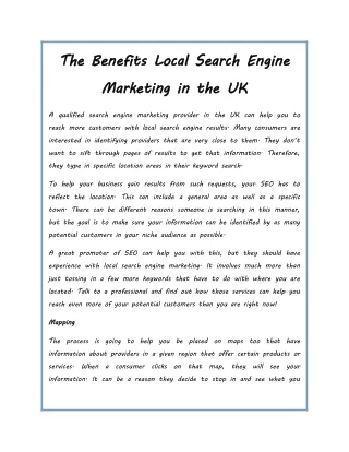 The Benefits Local Search Engine Marketing in the UK