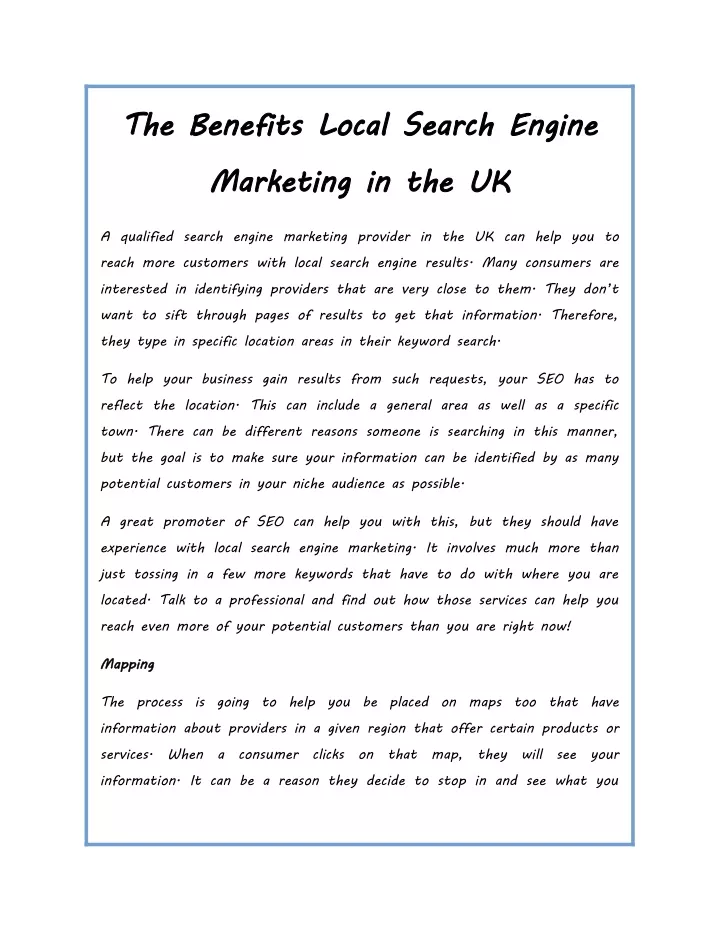 the benefits local search engine marketing
