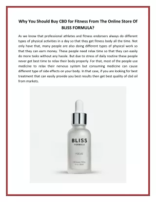 Why You Should Buy CBD for Fitness From The Online Store Of BLISS FORMULA?