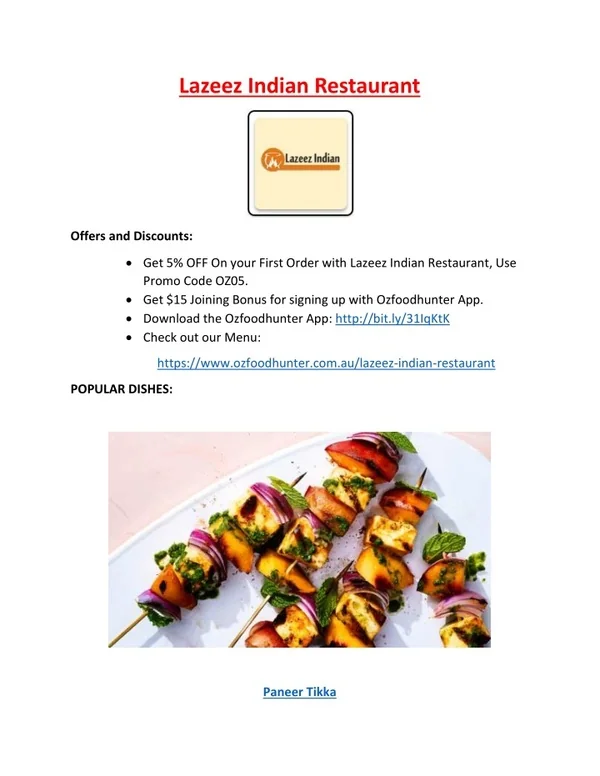 5% Off - Lazeez Indian Restaurant Menu in Bayswater, VIC.