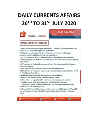 daily currents affairs 26 th to 31 st july 2020