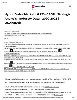 Global Hybrid Valve Market to expand at a CAGR of 6.29% during 2020-2026