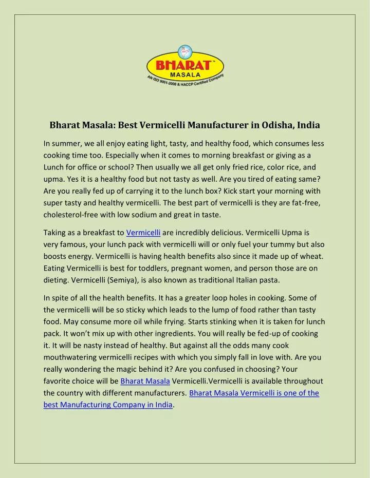 bharat masala best vermicelli manufacturer