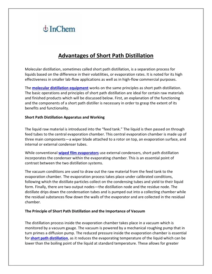 advantages of short path distillation