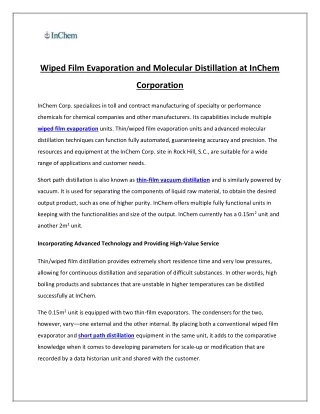Wiped Film Evaporation and Molecular Distillation at InChem Corporation