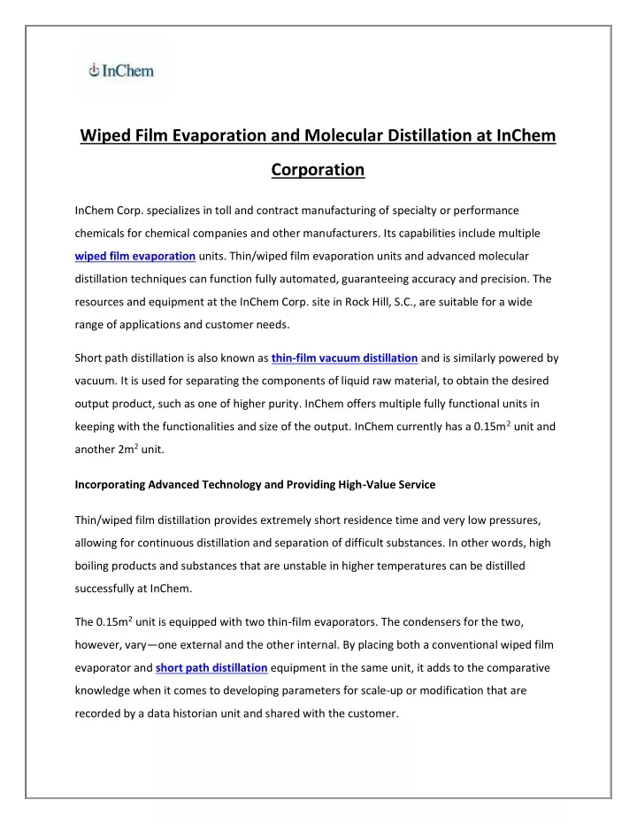 wiped film evaporation and molecular distillation