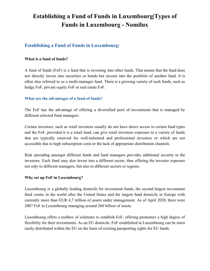 establishing a fund of funds in luxembourg types