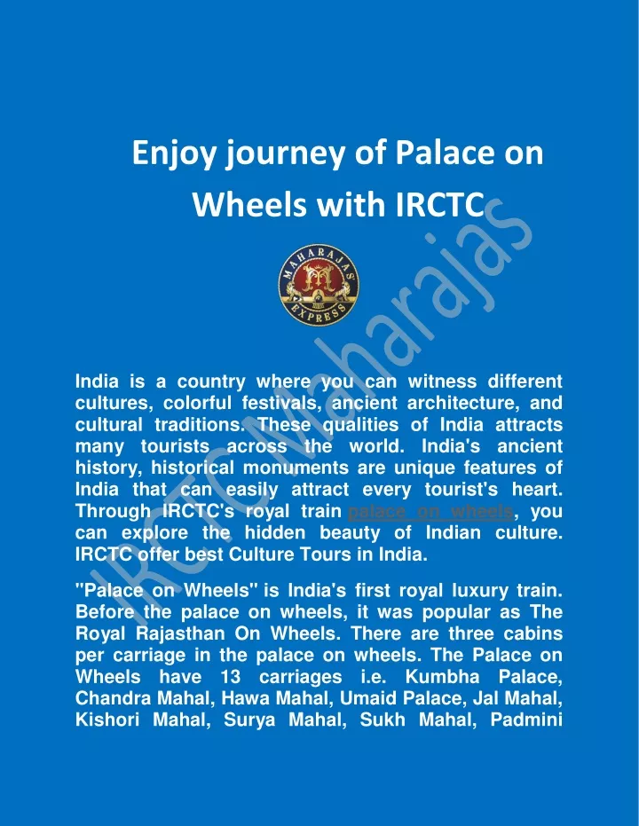 enjoy journey of palace on wheels with irctc