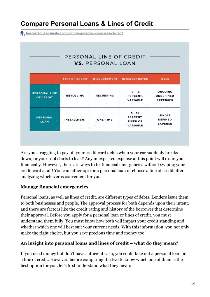 compare personal loans lines of credit