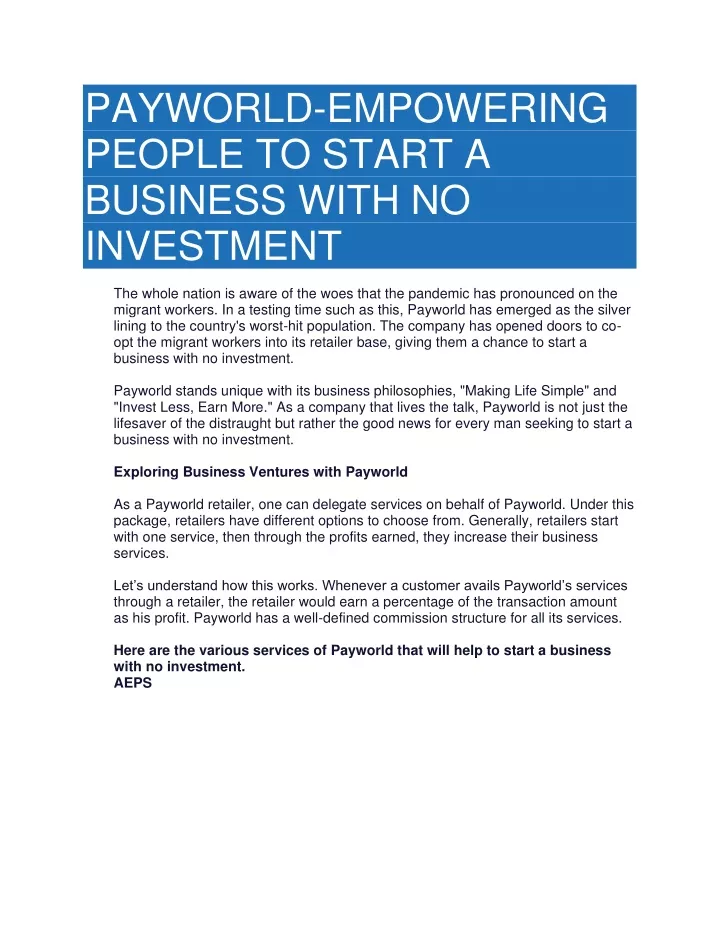 payworld empowering people to start a business