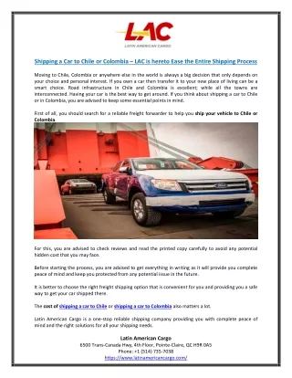 Shipping a Car to Chile or Colombia – LAC is hereto Ease the Entire Shipping Process