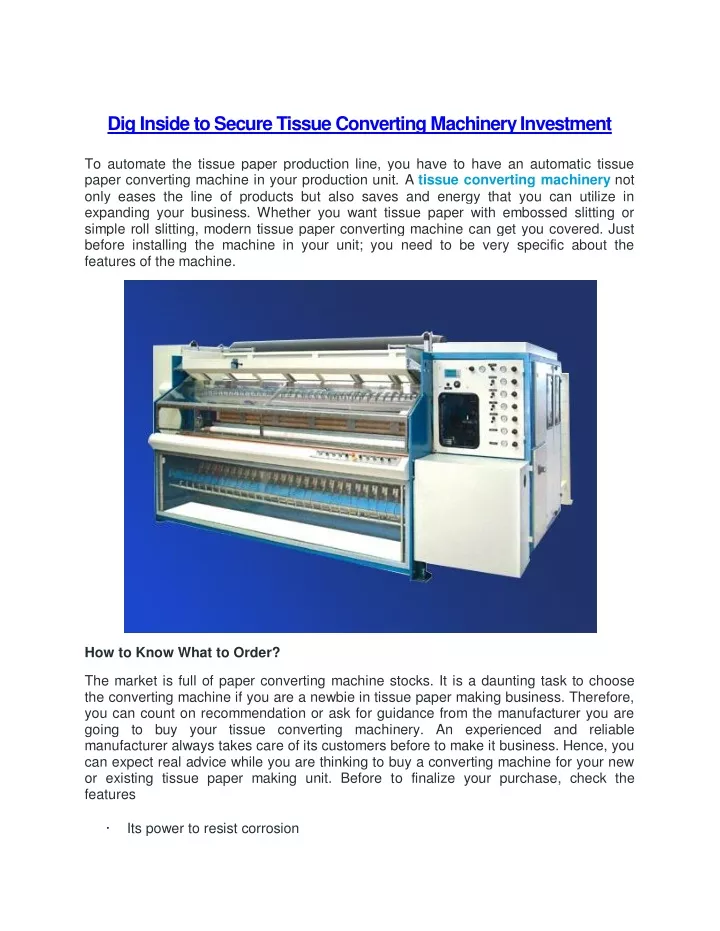 dig inside to secure tissue converting machinery