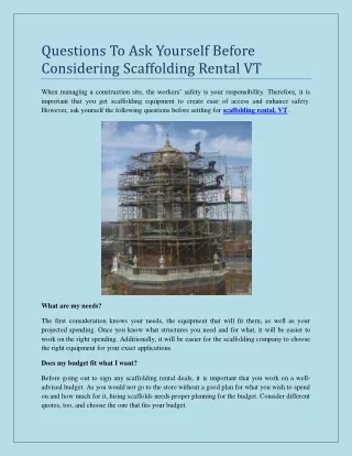 Questions To Ask Yourself Before Considering Scaffolding Rental VT