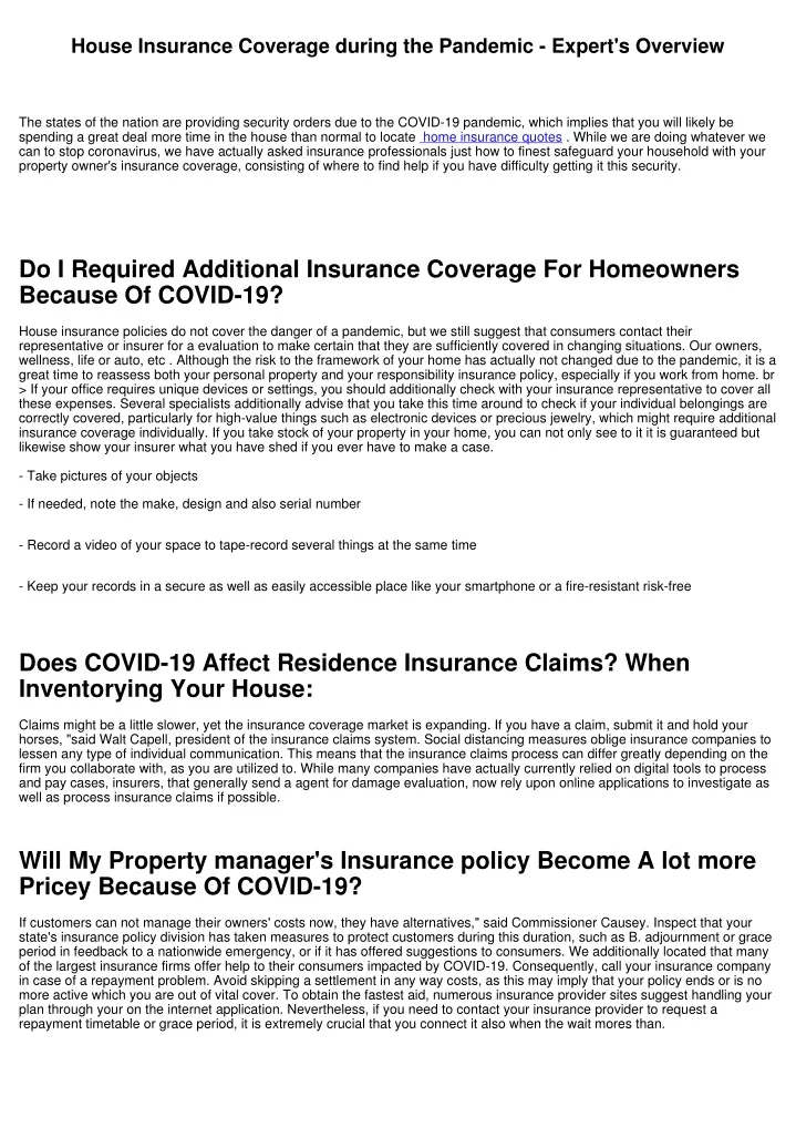 house insurance coverage during the pandemic