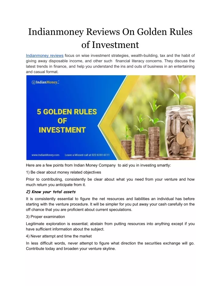 indianmoney reviews on golden rules of investment