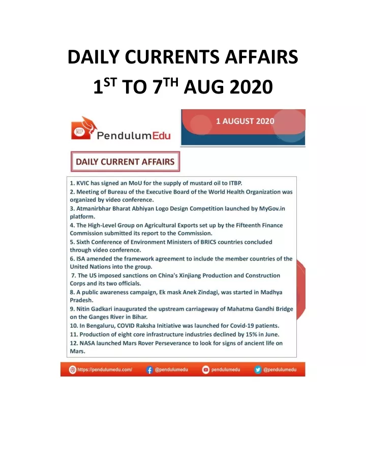 daily currents affairs 1 st to 7 th aug 2020