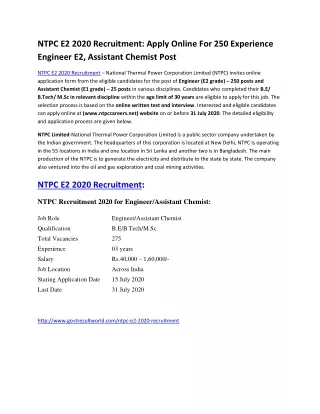 ntpc e2 2020 recruitment apply online