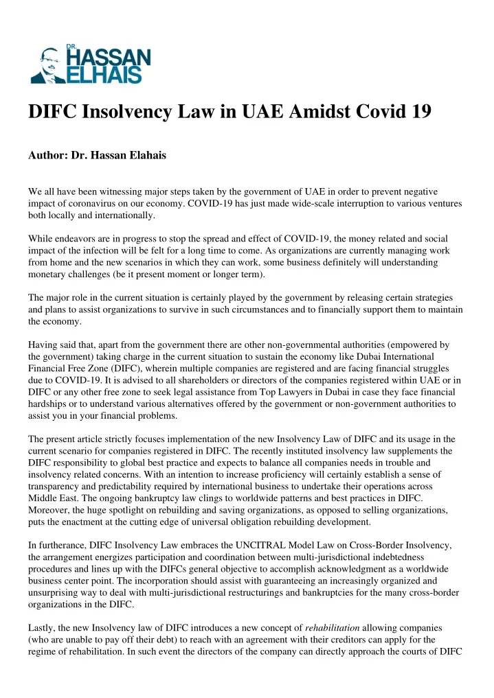 difc insolvency law in uae amidst covid 19