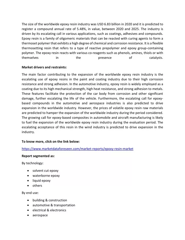 the size of the worldwide epoxy resin industry