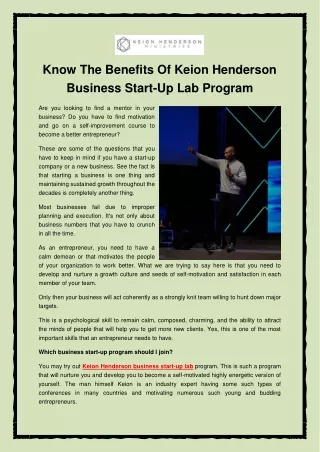Know The Benefits Of Keion Henderson Business Startup Lab Program
